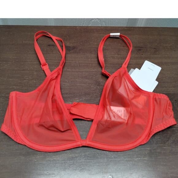 Calvin Klein NWT 34B Sheer Red Marquisette Unlined Plunge Underwire Demi Bra - Picture 1 of 8